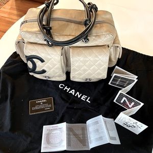 Chanel Quilted Large Cambon Multipocket Reporter Bag- Beige w/Black CC, Lambskin